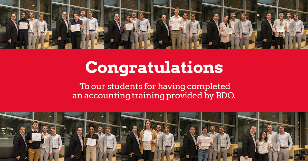 Photo shows images of recipients posed with representatives of the accounting training program. The text reads "Congratulations to our students for having completed an accounting training provided by BDO."